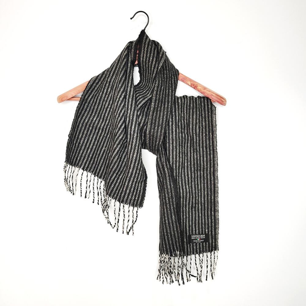 Vintage Geoffrey Beene Scarf Pure Wool Black Gray Stripe Italy Grunge Goth Rock